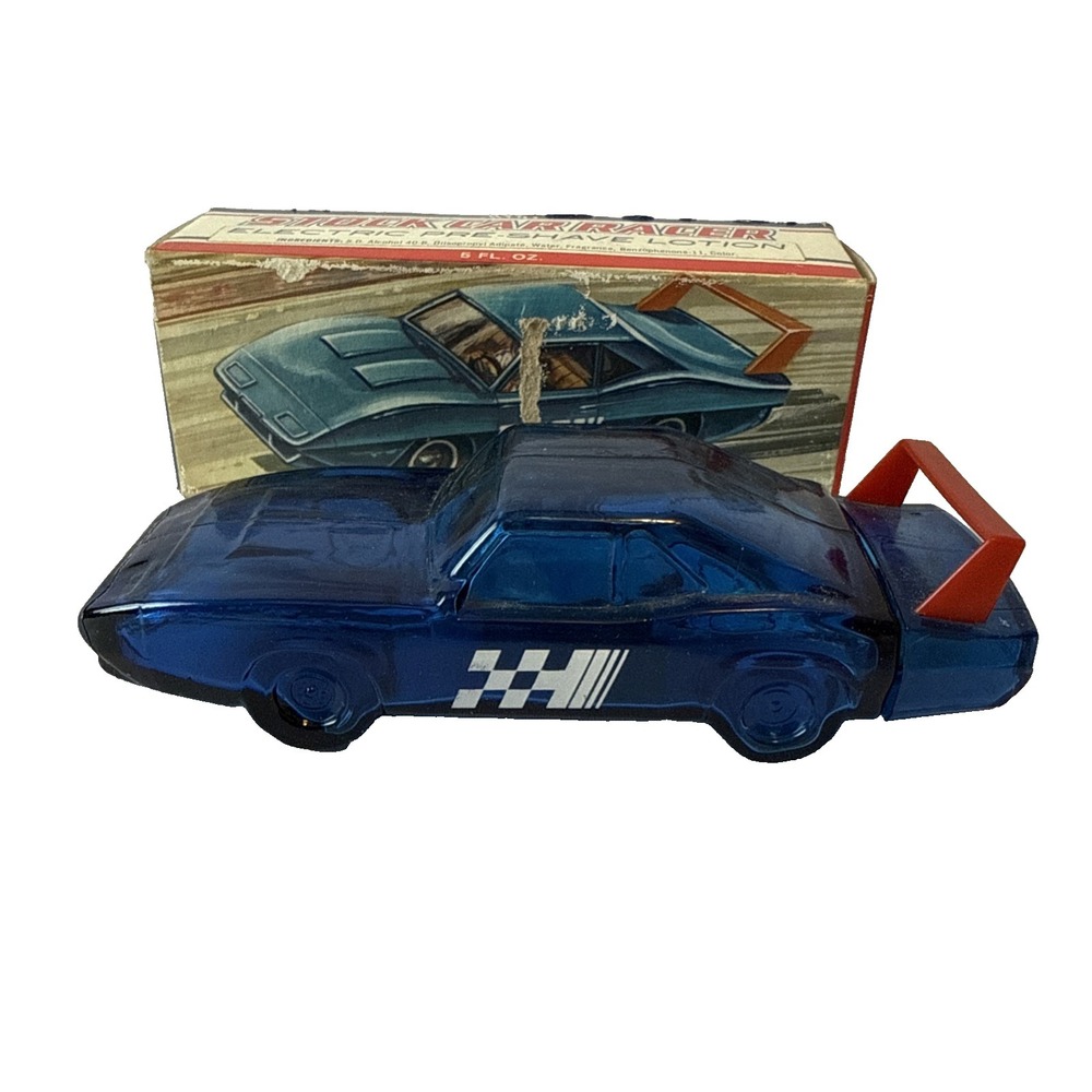 Vintage Avon Stock Car Racer Blue Glass Bottle Empty With Original Box 5 oz